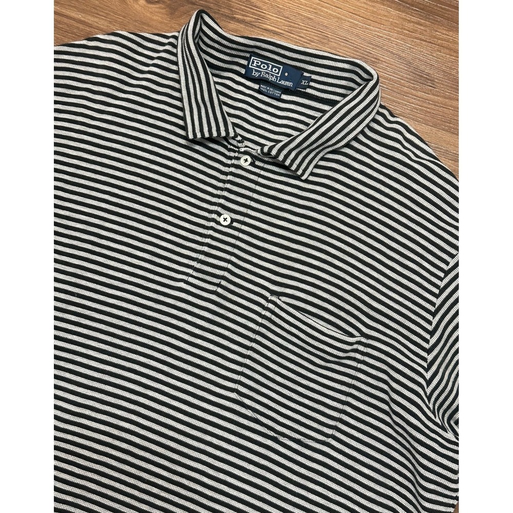 Vintage Polo Ralph Lauren Mens Black Grey Striped Textured Polo Shirt Sz XL